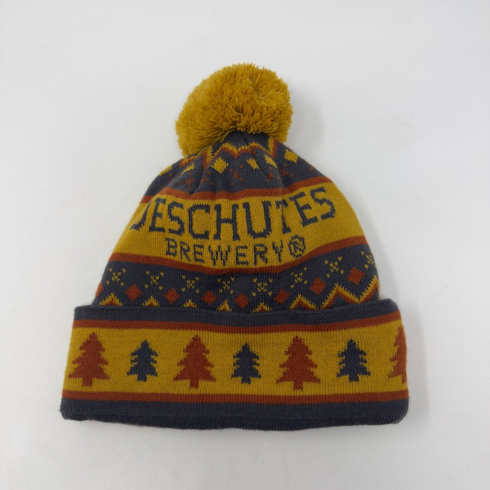 Deschutes Brewery Beanie Hat Yellow Grey Pom Pom Knit Winter Cap